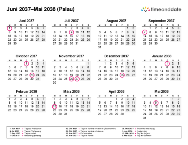 Kalender für 2037 in Palau