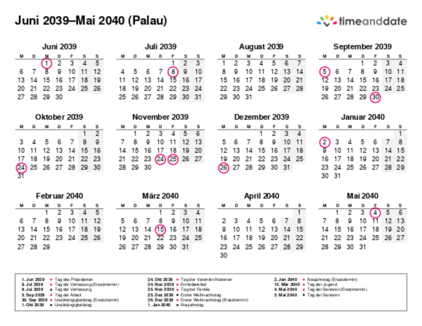 Kalender für 2039 in Palau