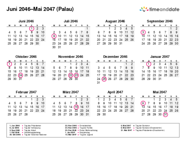 Kalender für 2046 in Palau