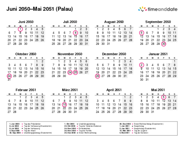 Kalender für 2050 in Palau