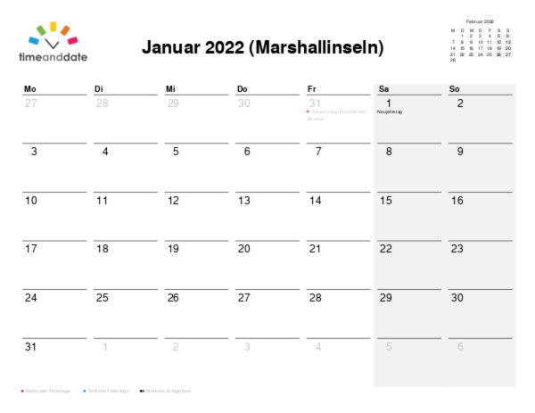 Kalender für 2022 in Marshallinseln