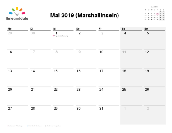 Kalender für 2019 in Marshallinseln