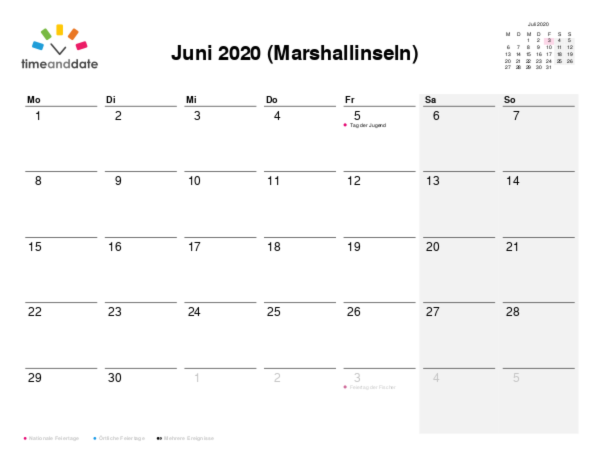 Kalender für 2020 in Marshallinseln