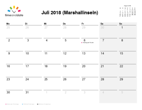 Kalender für 2018 in Marshallinseln