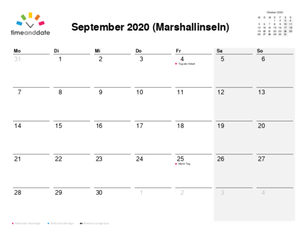 Kalender für 2020 in Marshallinseln