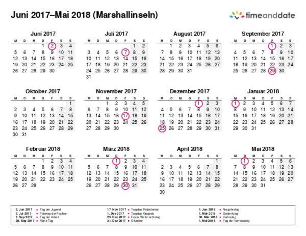 Kalender für 2017 in Marshallinseln