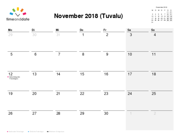 Kalender für 2018 in Tuvalu