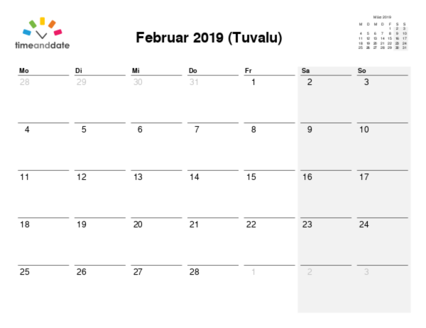 Kalender für 2019 in Tuvalu
