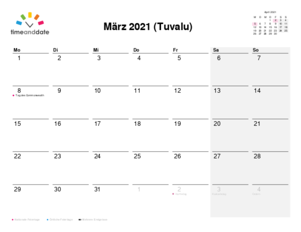 Kalender für 2021 in Tuvalu