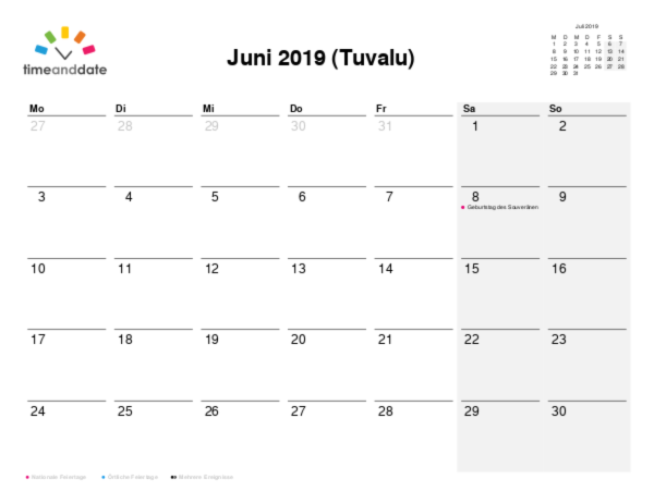 Kalender für 2019 in Tuvalu