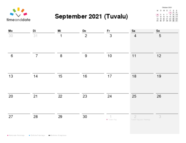 Kalender für 2021 in Tuvalu