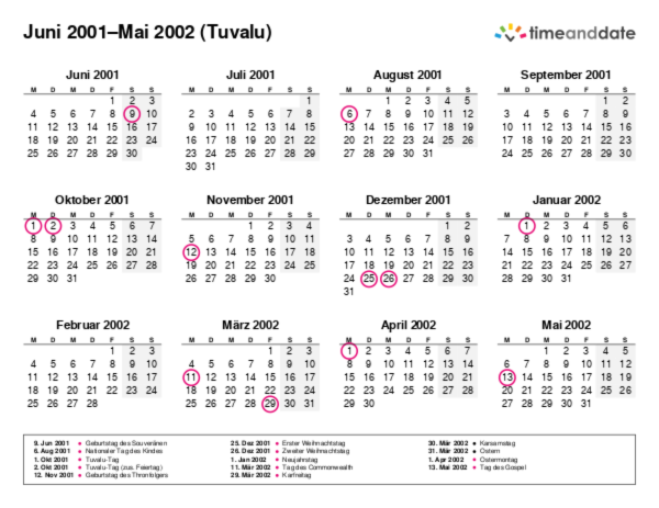 Kalender für 2001 in Tuvalu