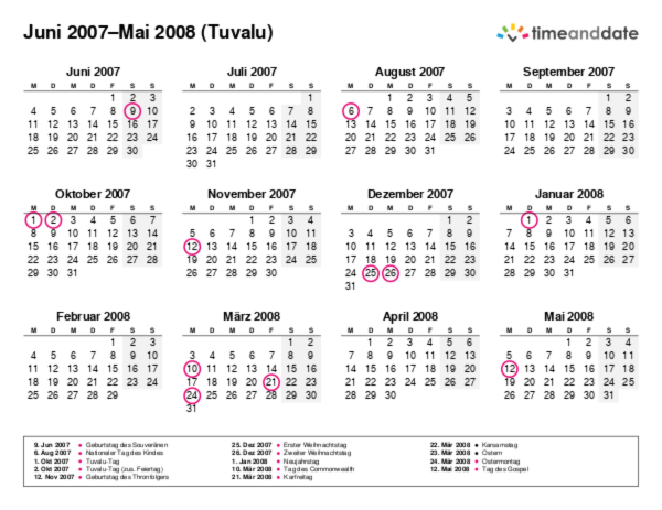 Kalender für 2007 in Tuvalu