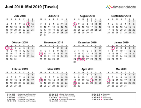 Kalender für 2018 in Tuvalu