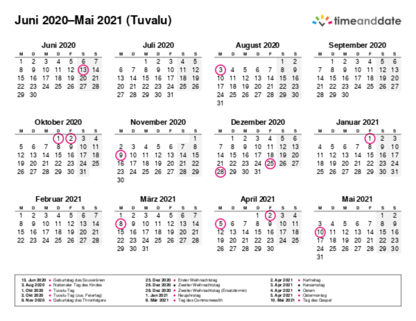 Kalender für 2020 in Tuvalu