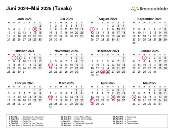 Kalender für 2024 in Tuvalu