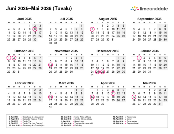 Kalender für 2035 in Tuvalu