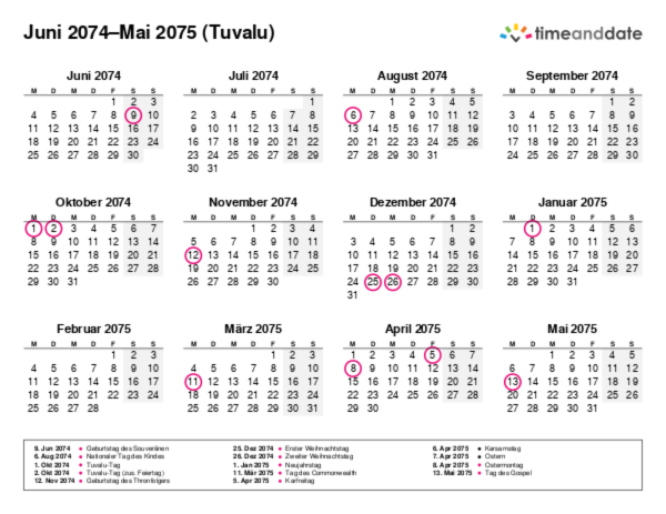 Kalender für 2074 in Tuvalu