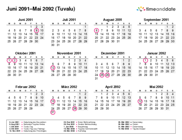 Kalender für 2091 in Tuvalu