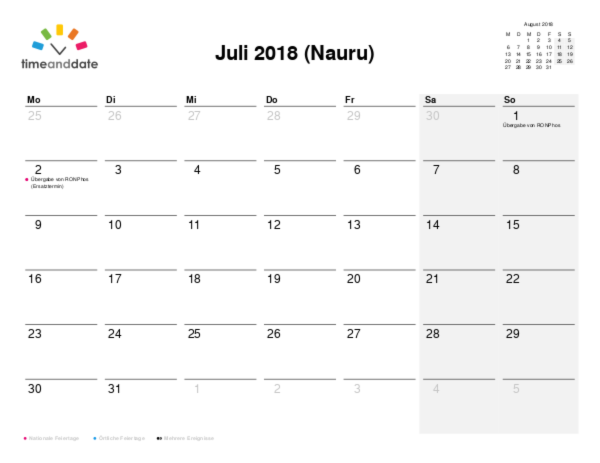 Kalender für 2018 in Nauru