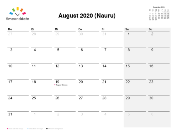 Kalender für 2020 in Nauru