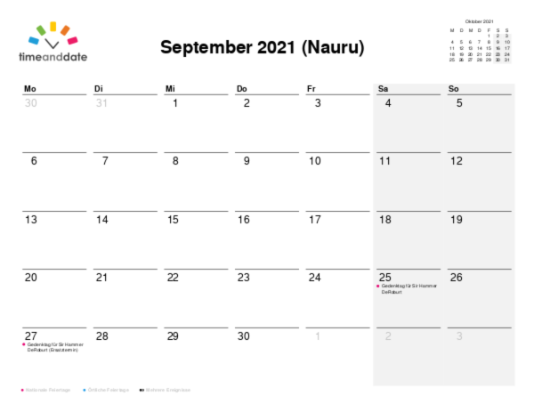 Kalender für 2021 in Nauru