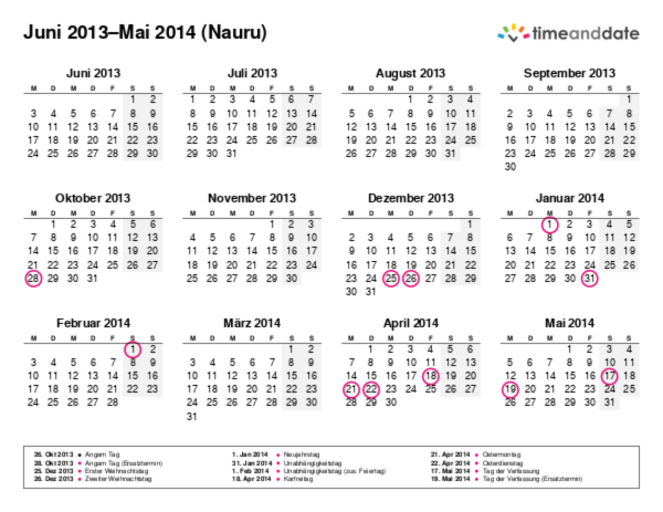 Kalender für 2013 in Nauru