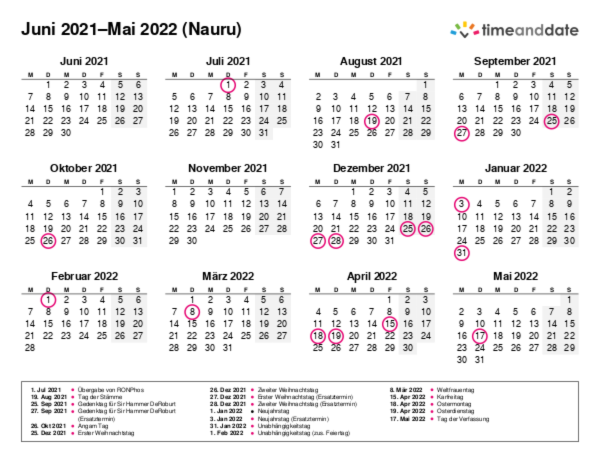 Kalender für 2021 in Nauru