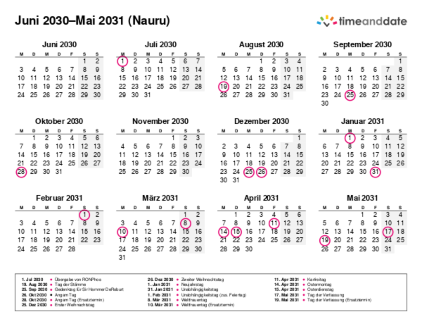 Kalender für 2030 in Nauru