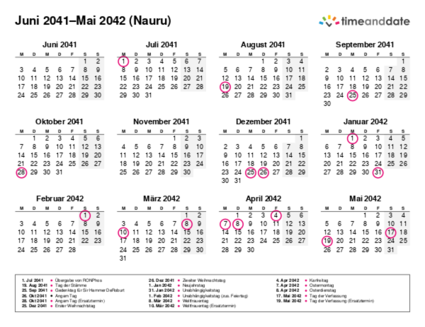 Kalender für 2041 in Nauru