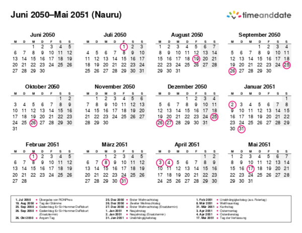 Kalender für 2050 in Nauru
