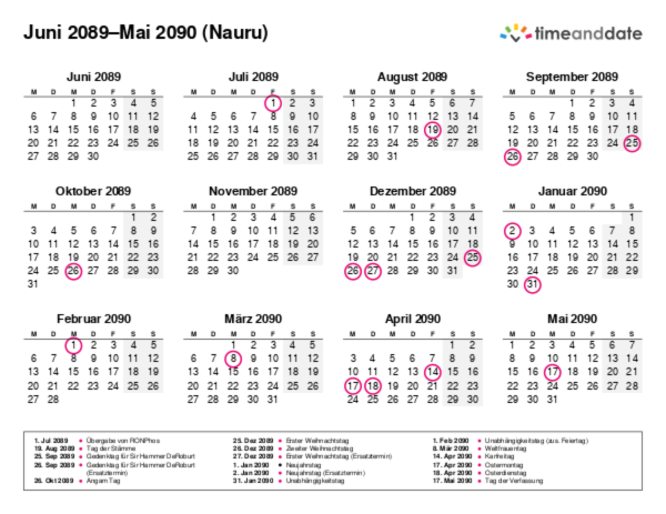 Kalender für 2089 in Nauru