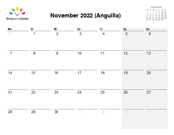 Kalender für 2022 in Anguilla