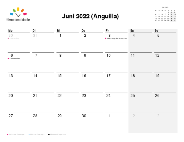 Kalender für 2022 in Anguilla