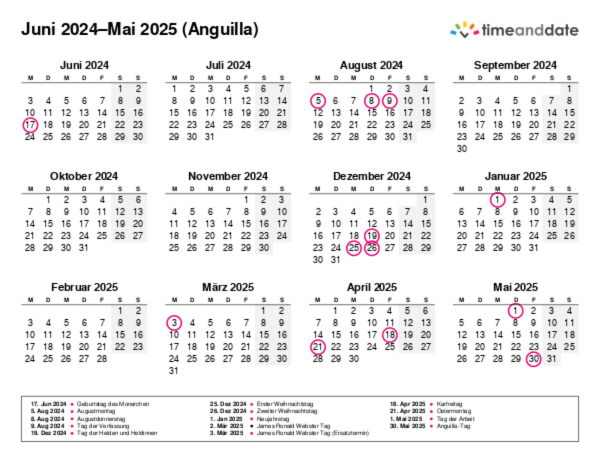 Kalender für 2024 in Anguilla