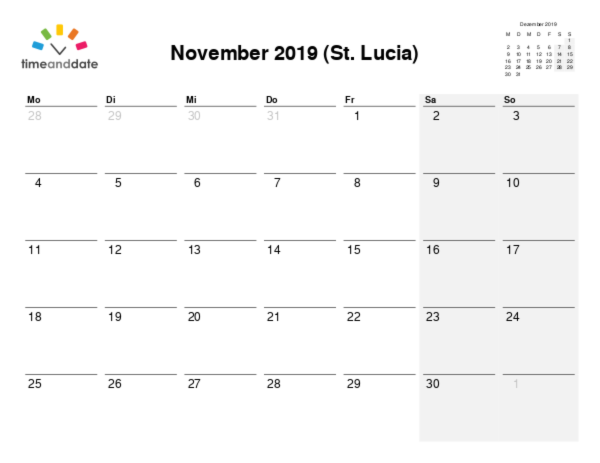 Kalender für 2019 in St. Lucia