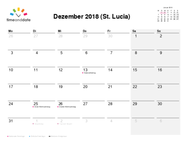 Kalender für 2018 in St. Lucia