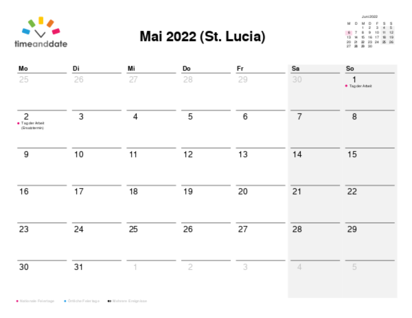 Kalender für 2022 in St. Lucia