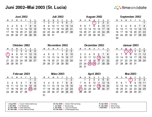 Kalender für 2002 in St. Lucia