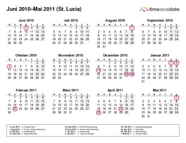 Kalender für 2010 in St. Lucia