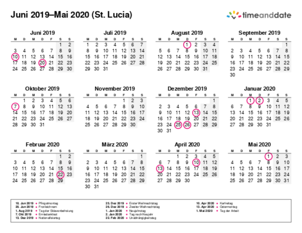 Kalender für 2019 in St. Lucia