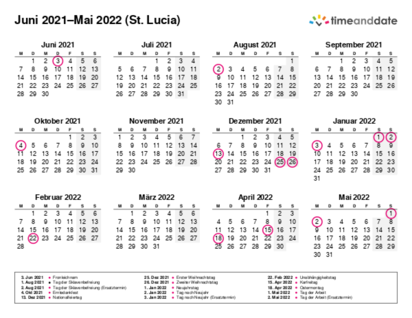 Kalender für 2021 in St. Lucia