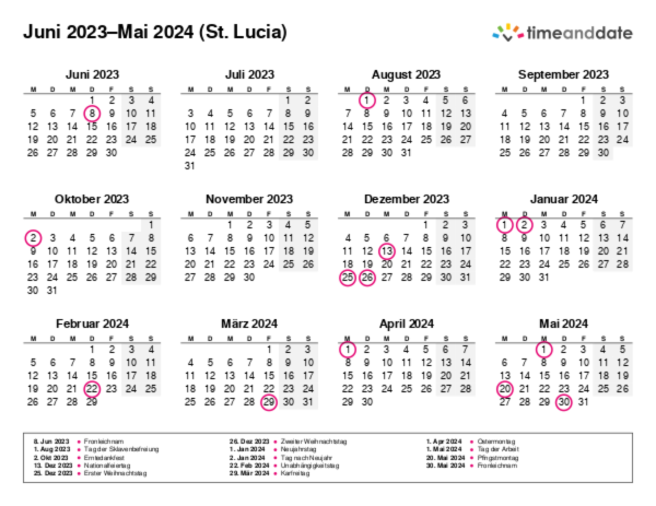 Kalender für 2023 in St. Lucia