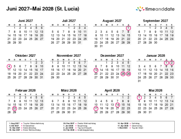 Kalender für 2027 in St. Lucia