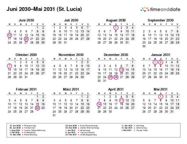 Kalender für 2030 in St. Lucia