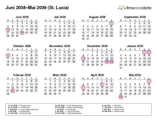Kalender für 2038 in St. Lucia