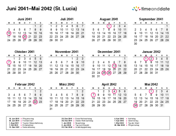Kalender für 2041 in St. Lucia