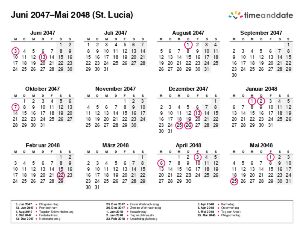 Kalender für 2047 in St. Lucia