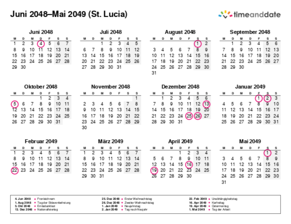 Kalender für 2048 in St. Lucia