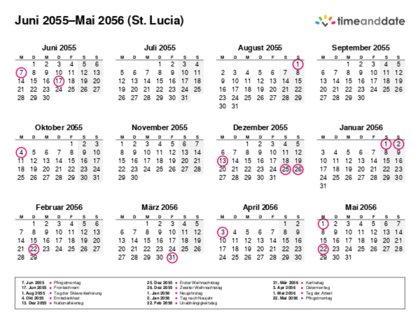 Kalender für 2055 in St. Lucia